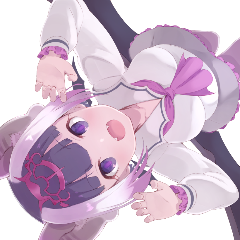 1girl, animal_ears, bat_ears, bat_girl, bat_wings, claw_pose, collarbone, commentary_request, common_vampire_bat_(kemono_friends), eyebrows_visible_through_hair, fangs, frilled_skirt, frilled_sleeves, frills, grey_hair, grey_skirt, headdress, kemono_friends, long_sleeves, looking_at_viewer, multicolored_hair, neckerchief, note_(suzu_note000), open_mouth, pantyhose, pov, purple_hair, purple_legwear, purple_neckwear, sailor_collar, school_uniform, serafuku, shirt, short_hair, sidelocks, skirt, solo, violet_eyes, white_hair, white_shirt, wings