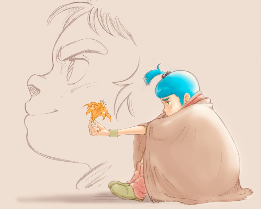 1girl, absurdres, aobito_sukayaka_bystander, blue_hair, brown_cloak, cloak, flower, green_footwear