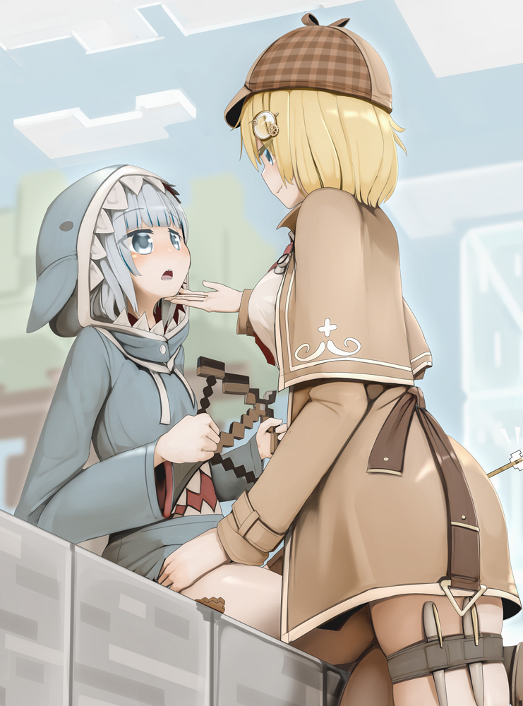 2girls, animal_costume, animal_hood, arrow_(projectile), bangs, blonde_hair, blue_eyes, blue_hair