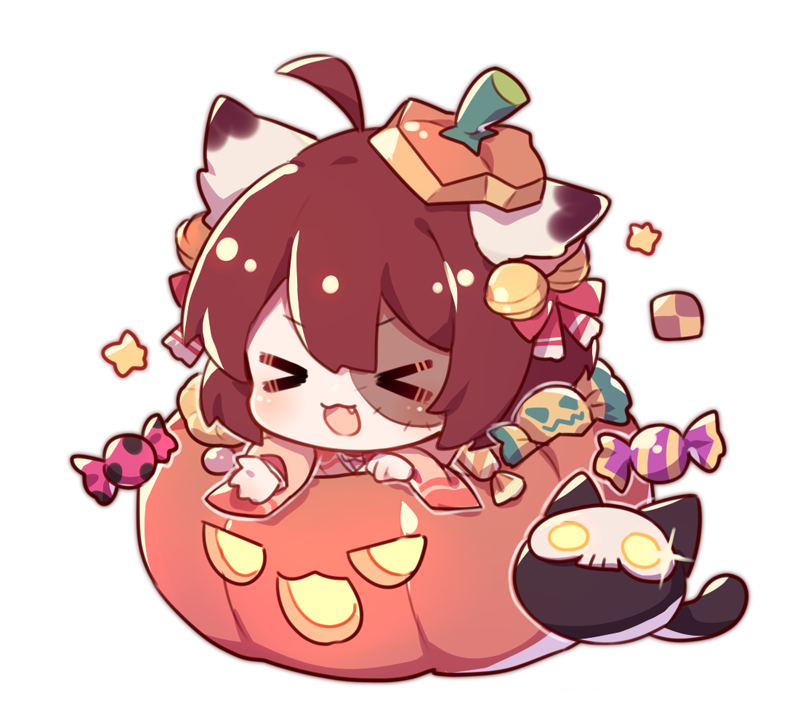>_<, 1girl, :d, ahoge, animal_ear_fluff, animal_ears, bangs, bell, bow, brown_hair, brown_kimono, candy_wrapper, cat, cat_ears, checkerboard_cookie, chibi, closed_eyes, cookie, eyebrows_visible_through_hair, fang, flot, food, hair_bell, hair_bow, hair_ornament, halloween, halloween_basket, ichihime, japanese_clothes, jingle_bell, kimono, long_sleeves, mahjong_soul, open_mouth, red_bow, simple_background, smile, solo, star_(symbol), stitches, white_background, wide_sleeves, xd