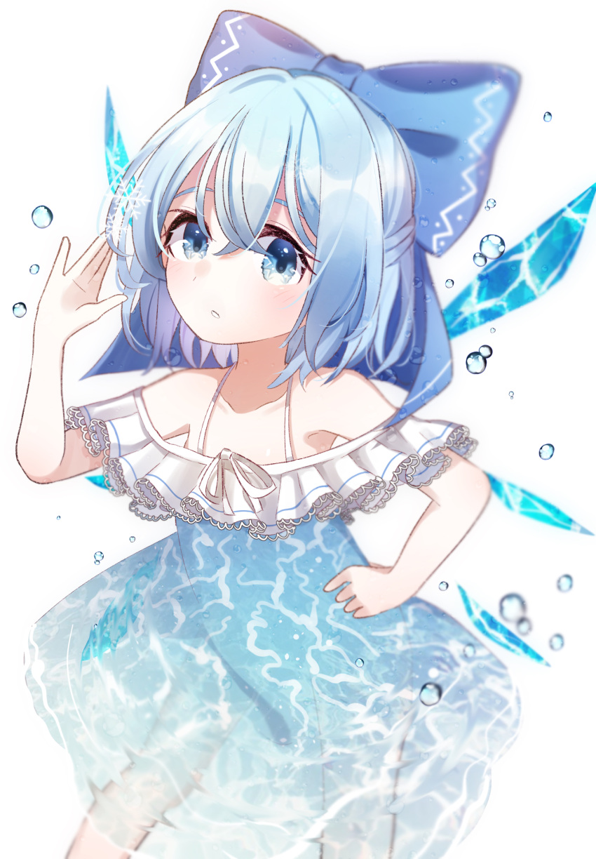 1girl, alternate_costume, ametama_(runarunaruta5656), arm_up, bangs, blue_bow, blue_dress, blue_eyes