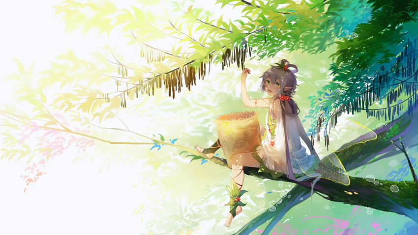 1girl, absurdres, arm_up, blush, dress, flower, full_body, green_eyes