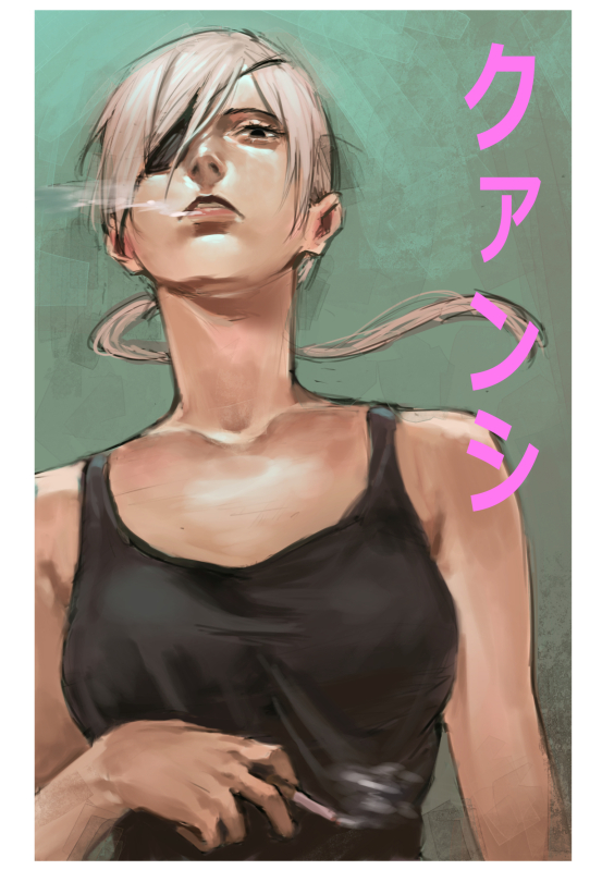 1girl, bare_shoulders, black_shirt, border, breasts, chainsaw_man, character_name, cigarette, expressionless, eyepatch, kusa9619, looking_at_viewer, medium_breasts, medium_hair, parted_lips, ponytail, quanxi_(chainsaw_man), shirt, sleeveless, smoking, solo, standing, upper_body, white_border, white_hair