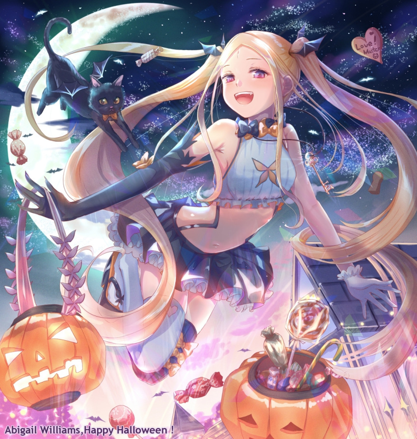 1girl, abigail_williams_(fate/grand_order), bangs, basket, black_bow, black_cat, blonde_hair, blue_eyes
