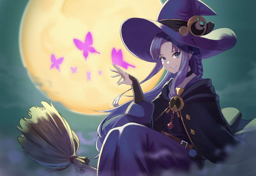 1girl, absurdres, black_capelet, blue_eyes, blue_hair, braid, broom, broom_riding