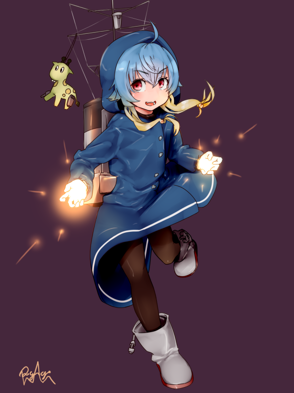 1girl, black_background, black_legwear, blonde_hair, blue_coat, blue_hair, boots, coat