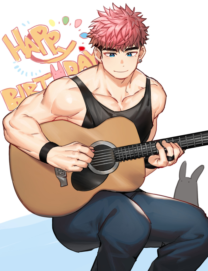 1boy, abs, acoustic_guitar, animal_ears, bara, bare_arms, bare_shoulders, black_hair