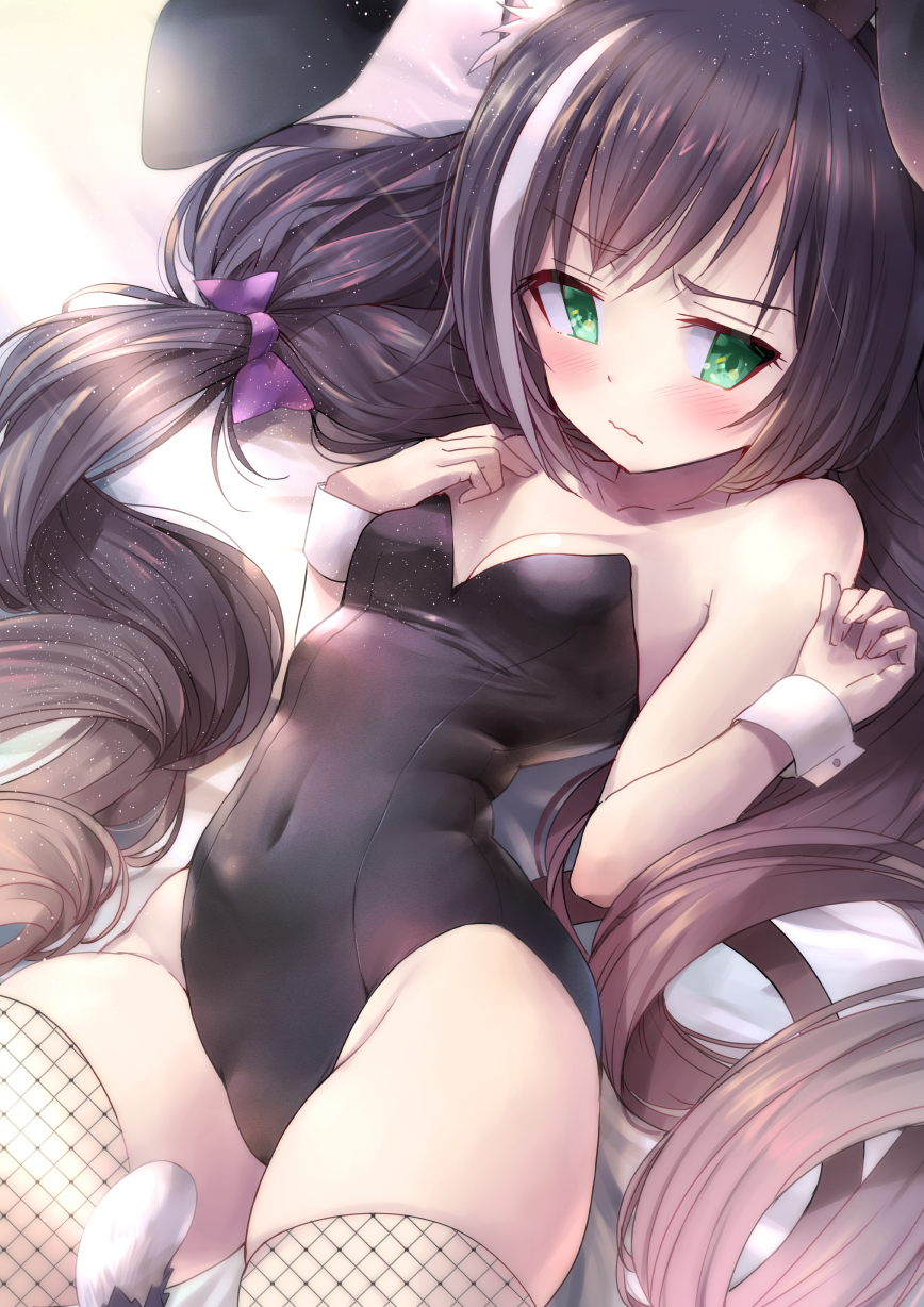 1girl, animal_ears, black_hair, black_leotard, breasts, cat_ears, cat_tail, commentary_request