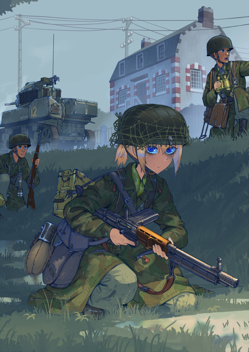 1girl, 2boys, ammunition_pouch, battle_rifle, blue_eyes, bolt_action, building, canteen