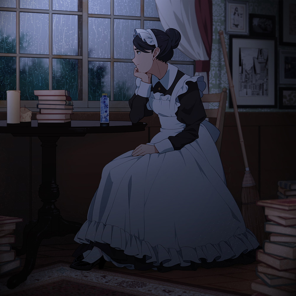 1girl, apron, black_hair, book_stack, broom, candle, carpet, chin_rest
