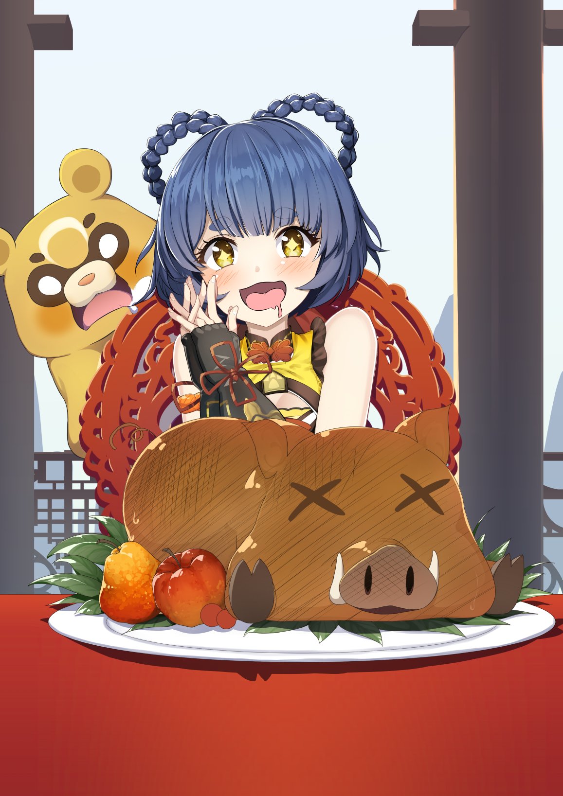 1girl, 2sinsalt, apple, blue_hair, blush, braid, chair, china_dress