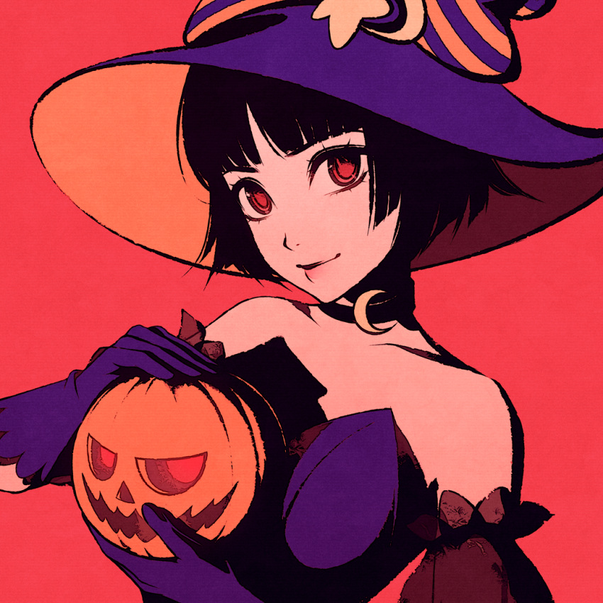 1girl, alternate_costume, bangs, bare_shoulders, black_hair, blue_gloves, blunt_bangs, choker, crescent_moon, gloves, halloween, halloween_costume, hat, holding_jack-o'-lantern, jack-o'-lantern, looking_at_viewer, moon, moshimoshibe, niijima_makoto, persona, persona_5, pumpkin, red_background, red_eyes, short_hair, simple_background, smile, solo, upper_body, witch_hat