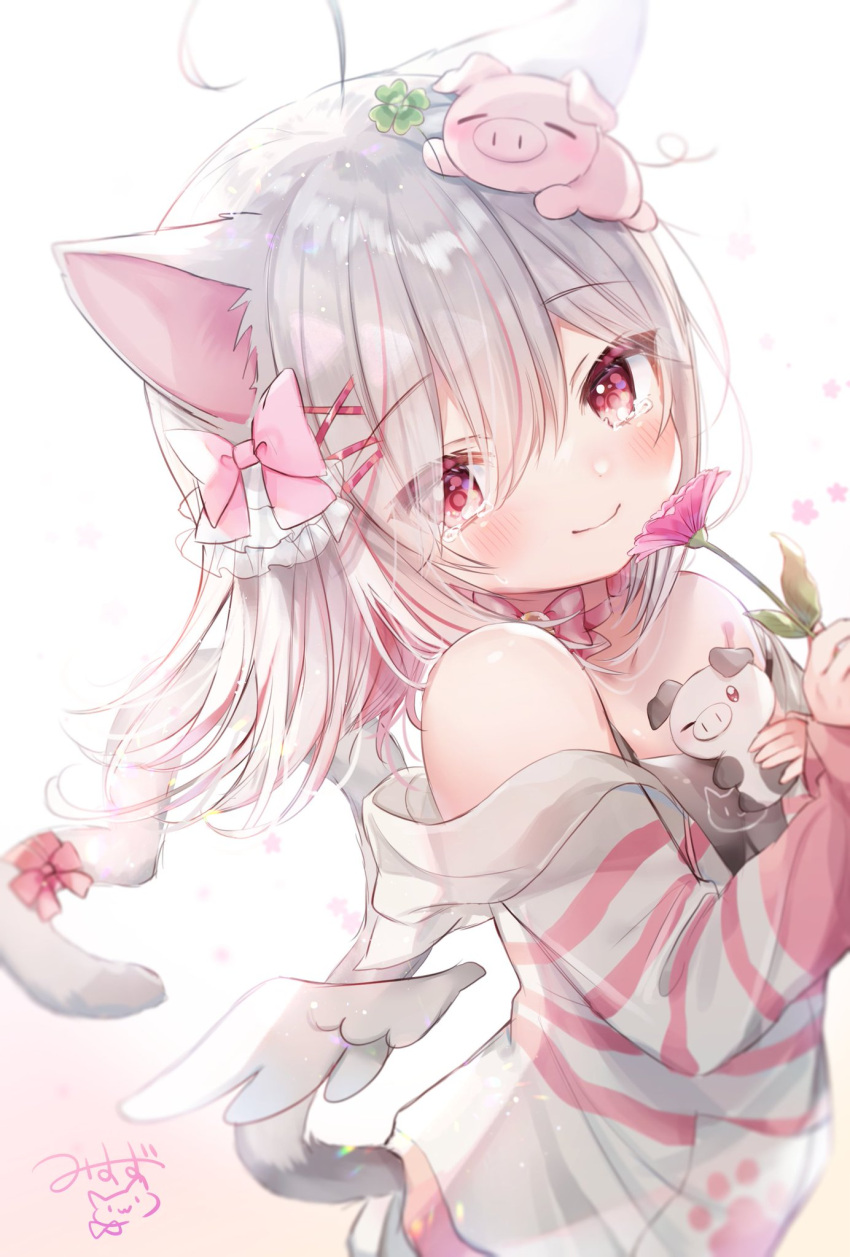 1girl, ahoge, animal, animal_ears, animal_on_head, arms_up, bangs, bare_shoulders