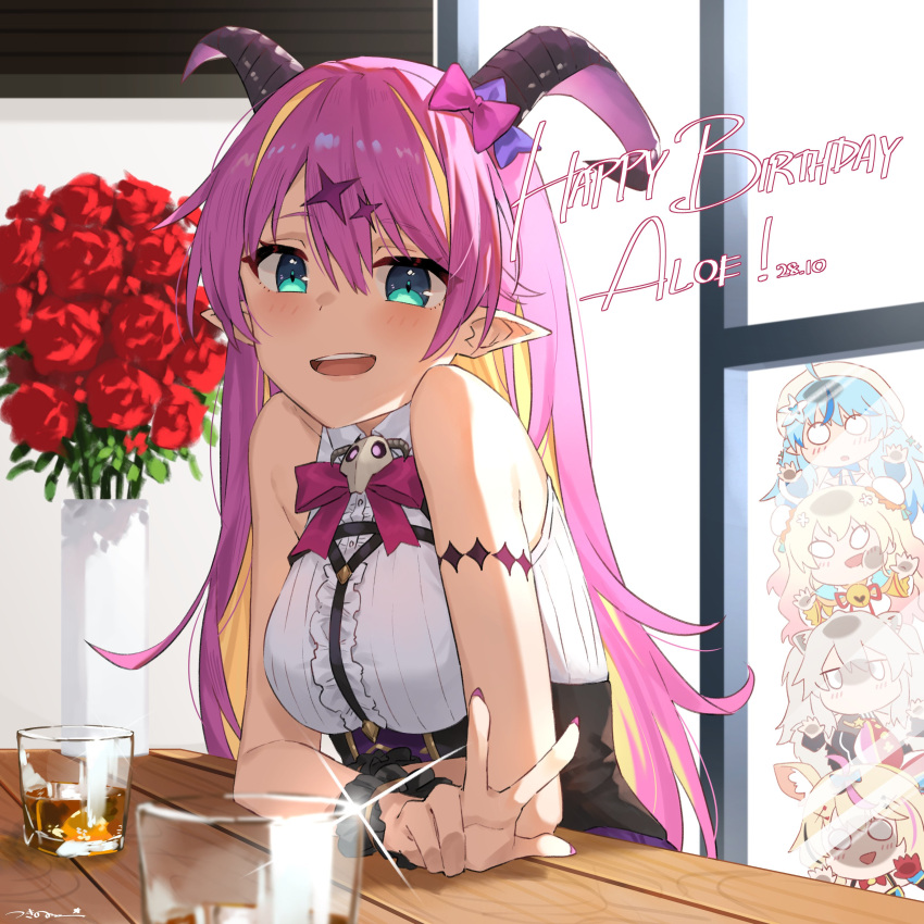 5girls, :d, absurdres, alcohol, aqua_eyes, arms_on_table, asymmetrical_horns, bangs, bare_arms, bare_shoulders, blonde_hair, blush, bow, bowtie, brooch, chest_harness, collared_shirt, colored_inner_hair, corset, crossed_arms, dated, demon_horns, flower, glass, happy_birthday, harness, highres, hololive, horn_ornament, horn_ribbon, horns, jewelry, long_hair, looking_at_viewer, mano_aloe, momosuzu_nene, multicolored_hair, multiple_girls, omaru_polka, open_mouth, pink_hair, pointy_ears, red_neckwear, ribbed_shirt, ribbon, scrunchie, shirt, shishiro_botan, signature, skull, sleeveless, smile, solo_focus, streaked_hair, tsukino_(nakajimaseiki), two-tone_hair, underbust, upper_body, upper_teeth, v, vase, virtual_youtuber, whiskey, white_shirt, wrist_scrunchie, yukihana_lamy