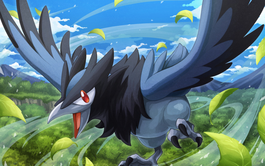 clouds, commentary_request, corvisquire, day, feathered_wings, flying, gen_8_pokemon, hakuginnosora