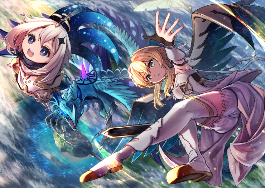 2girls, anemone_noa, armpits, bangs, bare_shoulders, blonde_hair, bloomers, blue_eyes
