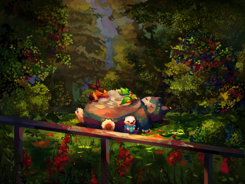 absurdres, closed_eyes, commentary, english_commentary, fence, gen_1_pokemon, gen_5_pokemon, grass, highres, light_beam, lying, no_humans, on_back, oshawott, outdoors, pokemon, pokemon_(creature), pupp, sleeping, snivy, snorlax, starter_pokemon_trio, tepig, tree