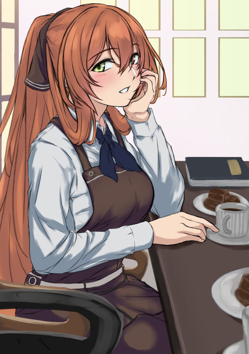 1girl, 3_small_spiders, absurdres, apron, bangs, black_apron, blue_neckwear, blush