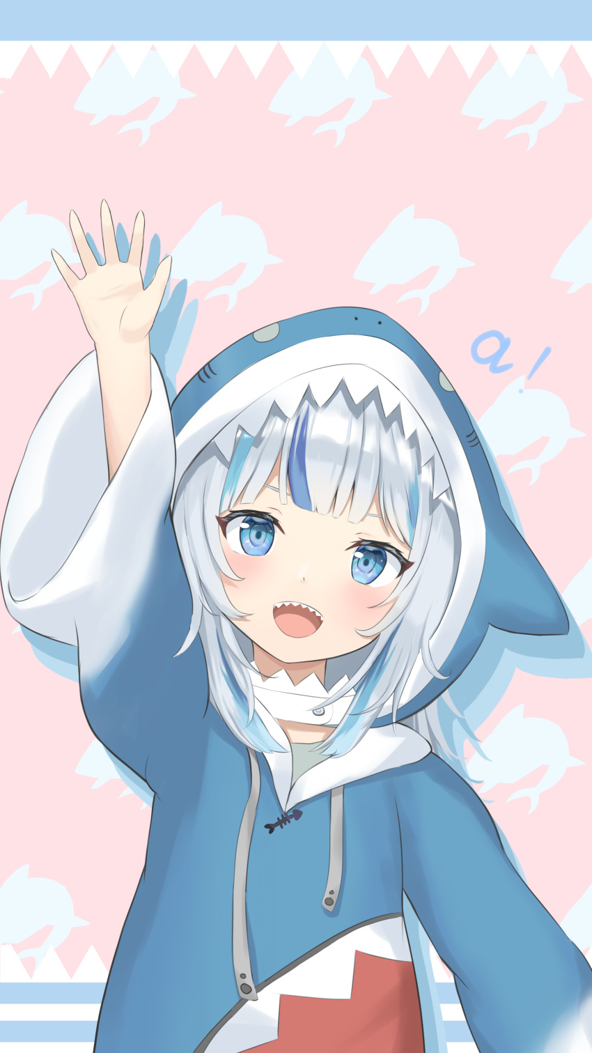 1girl, :d, absurdres, animal_costume, animal_hood, arm_up, bangs, blue_eyes