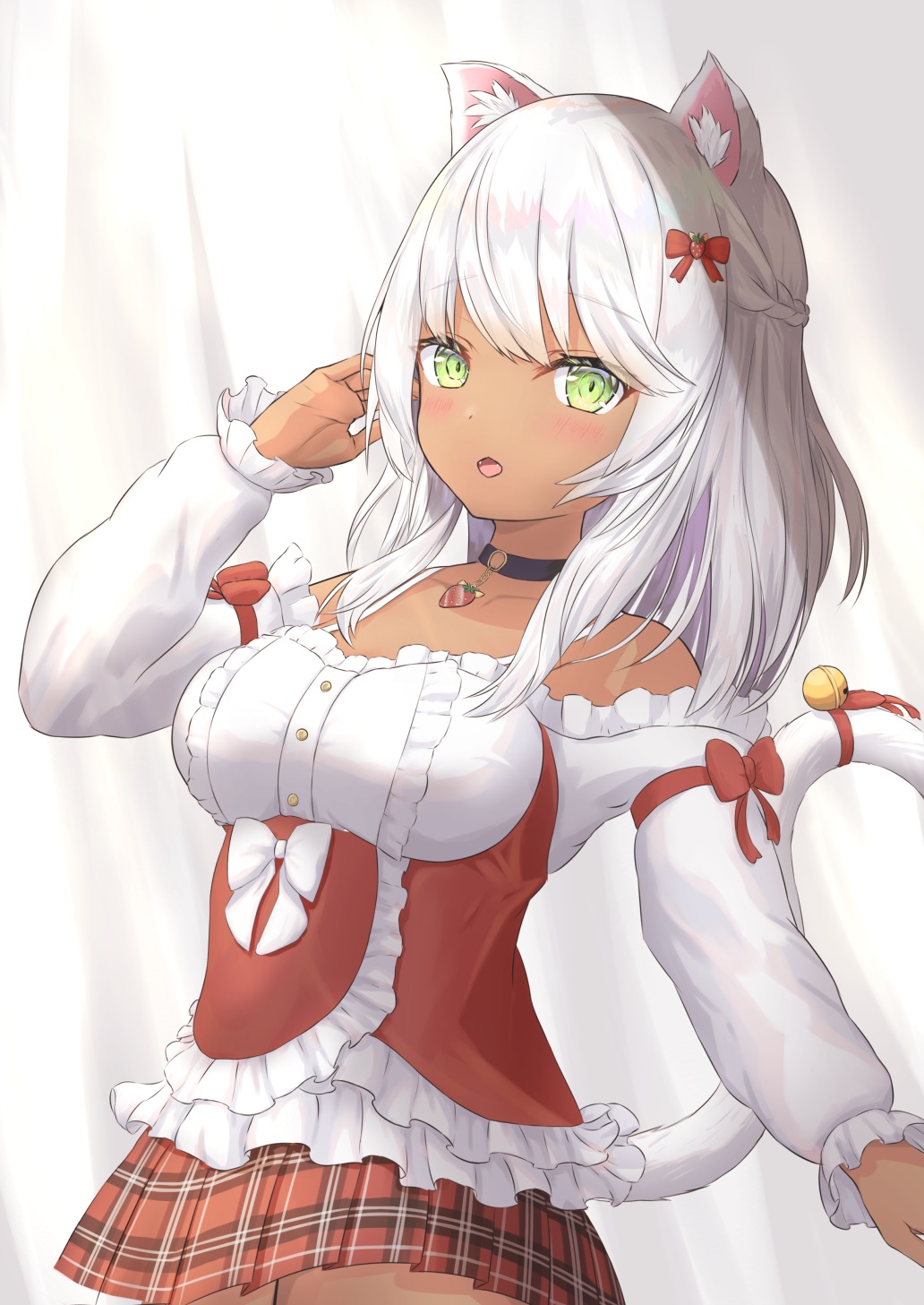 1girl, animal_ears, bare_shoulders, bell, blush, breasts, cat_ears, cat_girl