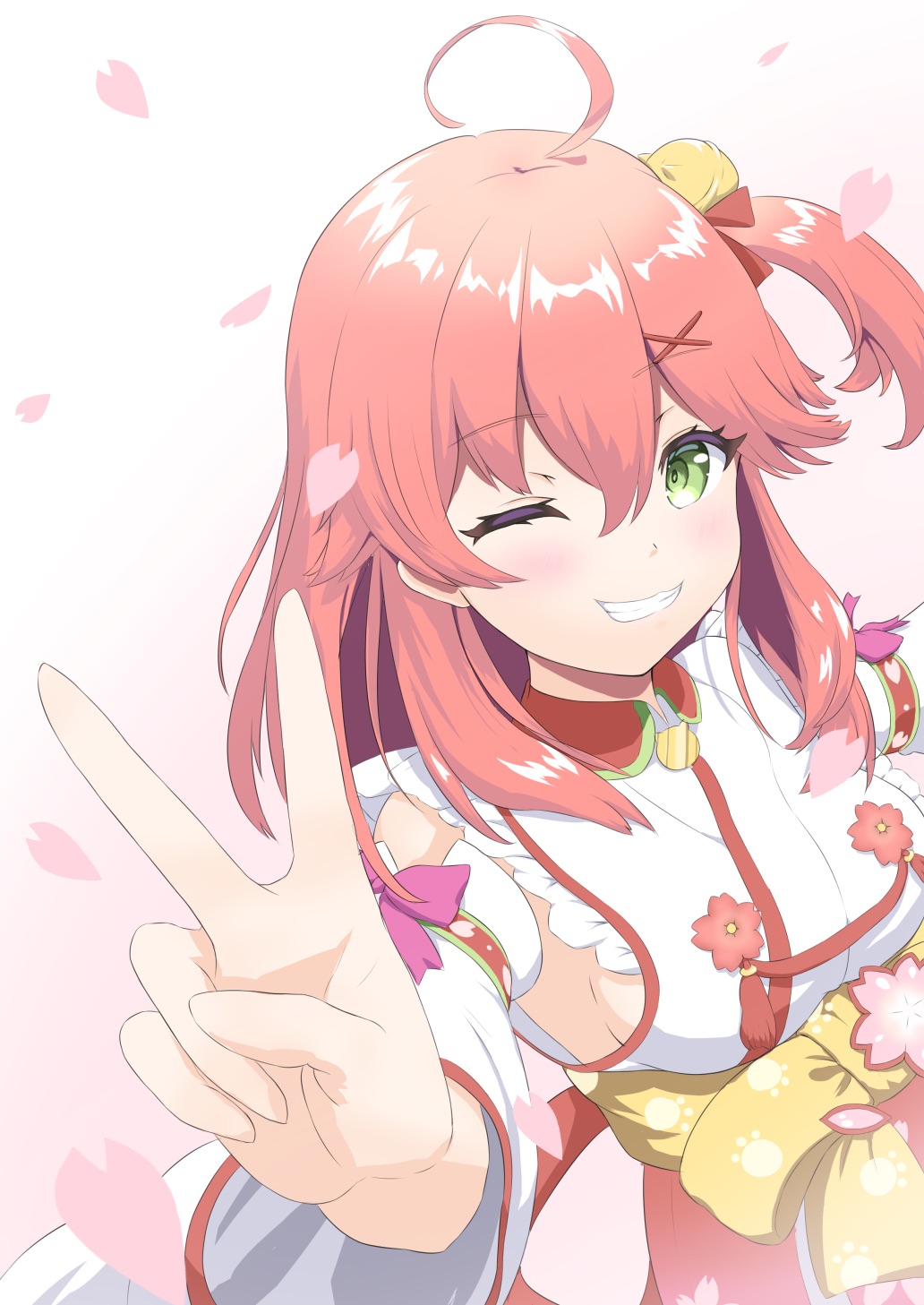 1girl, ahoge, bell, breasts, cherry_blossoms, detached_sleeves, eyebrows_visible_through_hair, gradient, gradient_background, green_eyes, grin, hair_bell, hair_between_eyes, hair_ornament, hairclip, highres, hololive, light_blush, looking_at_viewer, medium_breasts, medium_hair, mizuhi_kou, nontraditional_miko, one_side_up, petals, pink_background, pink_hair, sakura_miko, sideboob, sleeveless, smile, solo, teeth, upper_body, v, virtual_youtuber, white_slime, x_hair_ornament