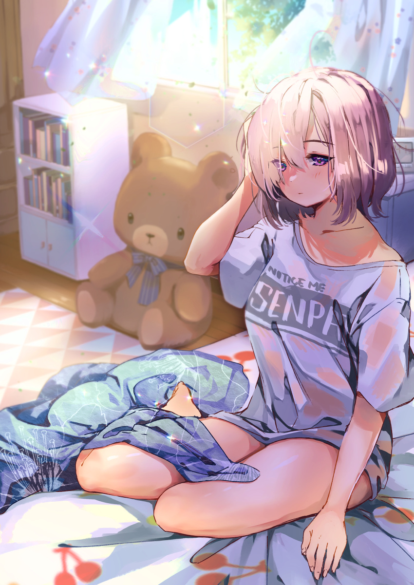 1girl, absurdres, alternate_costume, bangs, bare_legs, bed, bedroom, blue_bow, blush, bookshelf, bow, breasts, closed_mouth, clothes_writing, collarbone, commentary_request, curtains, day, fate/grand_order, fate_(series), hair_over_one_eye, hand_in_hair, hand_up, highres, huge_filesize, indoors, looking_at_viewer, mash_kyrielight, medium_breasts, meme_attire, nachoz_(natsukichann), off_shoulder, on_bed, shirt, short_hair, short_sleeves, sitting, sleepy, solo, sparkle, striped, striped_bow, stuffed_animal, stuffed_toy, sunlight, t-shirt, teddy_bear, violet_eyes, yokozuwari