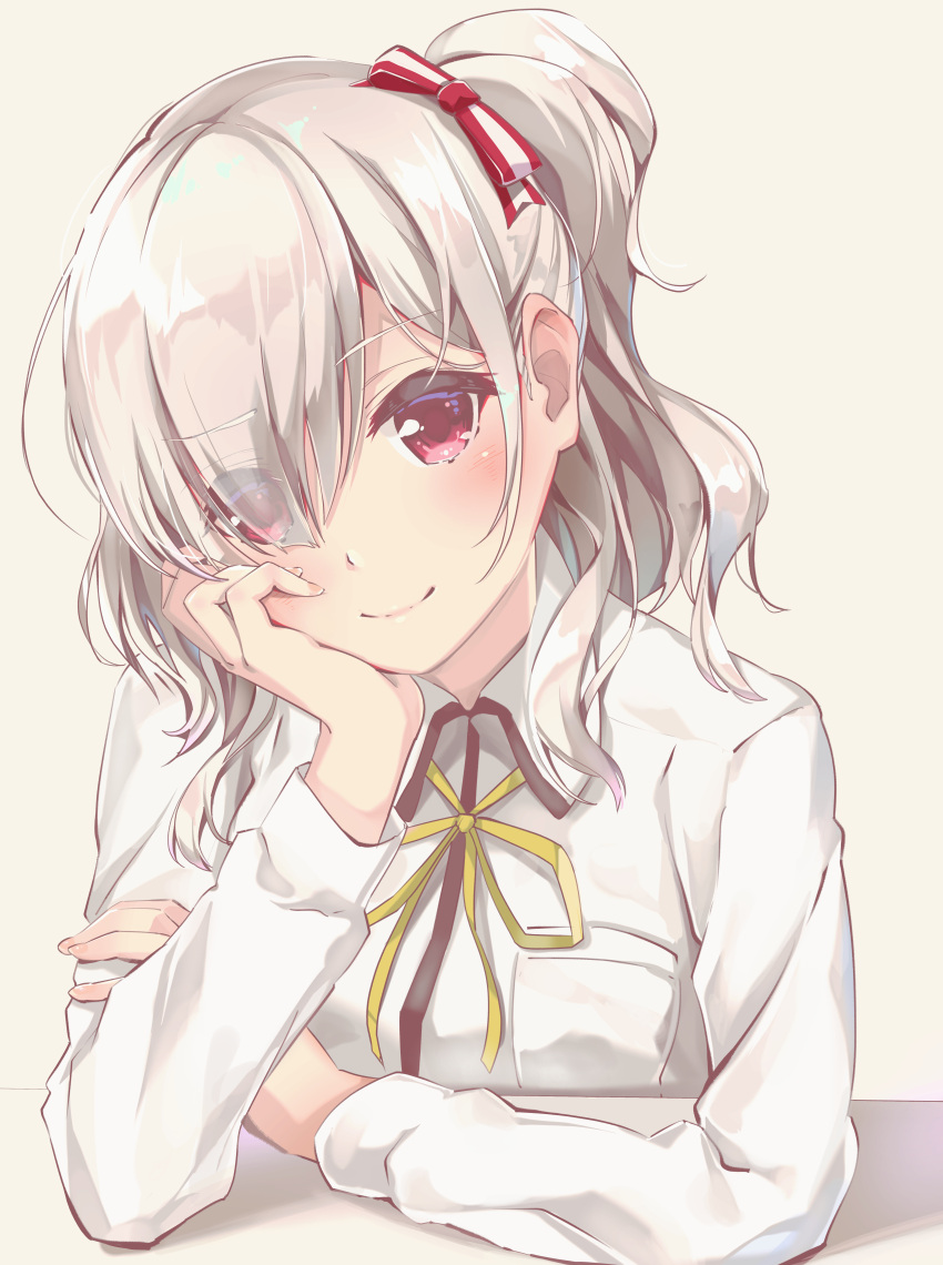 1girl, absurdres, bangs, blush, bow, breast_pocket, closed_mouth, collared_shirt