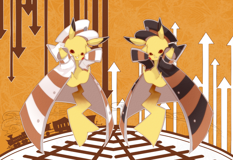 arrow_(symbol), clothed_pokemon, coat, commentary_request, cosplay, emmet_(pokemon), emmet_(pokemon)_(cosplay), gen_1_pokemon