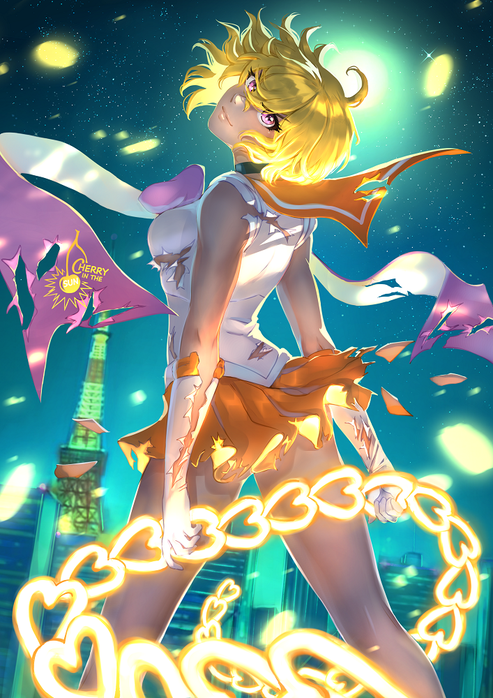 1girl, alternate_eye_color, alternate_hair_color, artist_name, bishoujo_senshi_sailor_moon, black_choker, blonde_hair, cherry_in_the_sun