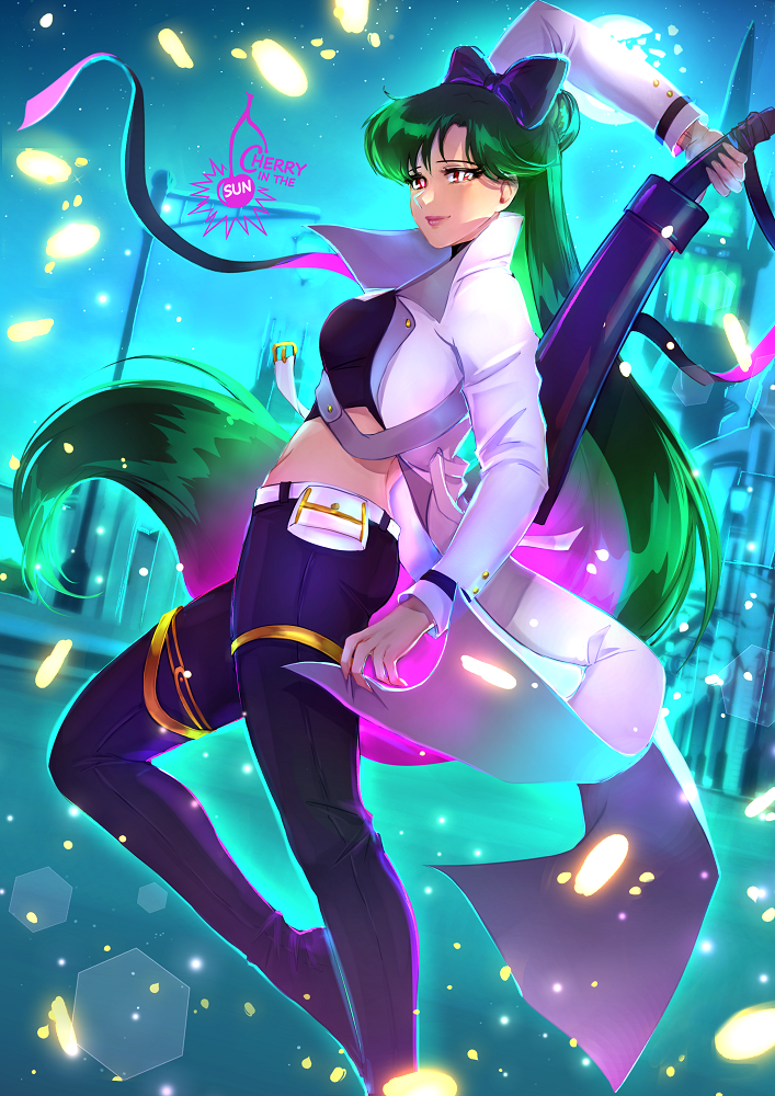 1girl, artist_name, bangs, bishoujo_senshi_sailor_moon, black_bow, black_pants, blake_belladonna, blake_belladonna_(cosplay)
