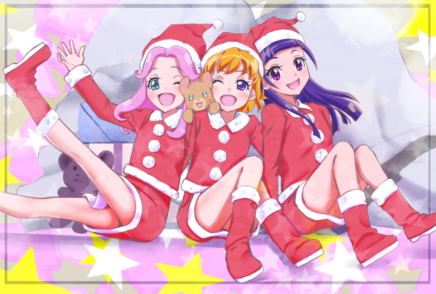 3girls, :d, ;d, amawa_kazuhiro, asahina_mirai, blonde_hair, boots, christmas