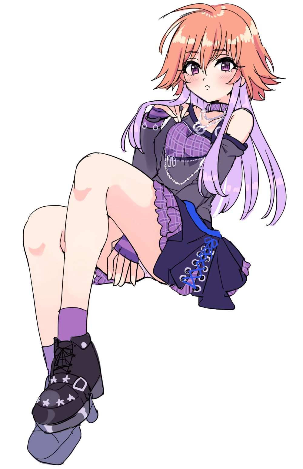 1girl, bangs, between_legs, black_footwear, blush, closed_mouth, clothing_cutout, collarbone