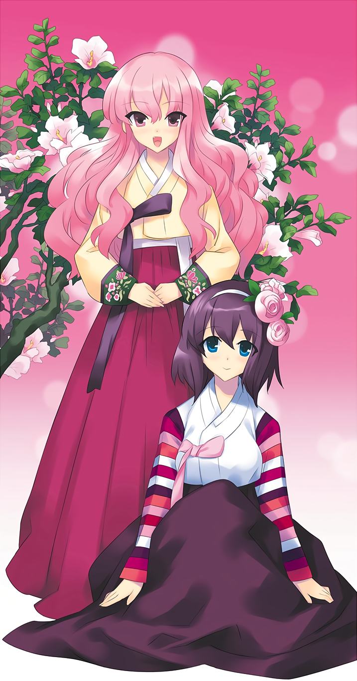 2girls, flower, hair_flower, hair_ornament, henrietta_de_tristain, highres, japanese_clothes, looking_at_viewer, louise_francoise_le_blanc_de_la_valliere, multiple_girls, noise_reduction, official_art, pink_hair, pink_ribbon, purple_hair, ribbon, scan, usatsuka_eiji, zero_no_tsukaima