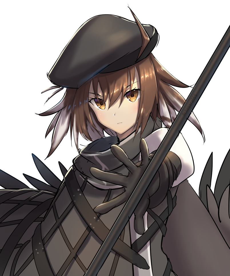 1girl, ahoge, arknights, bangs, beret, black_gloves, black_hair, black_headwear