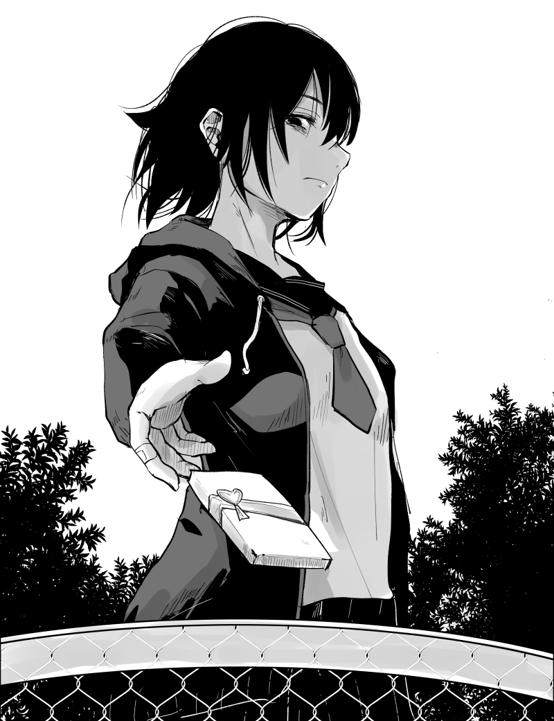1girl, bandaid, bandaid_on_finger, black_hair, box, commentary, frown, gift
