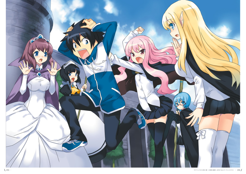 1boy, 5girls, ascot, black_hair, black_legwear, blonde_hair, blue_eyes, blue_hair