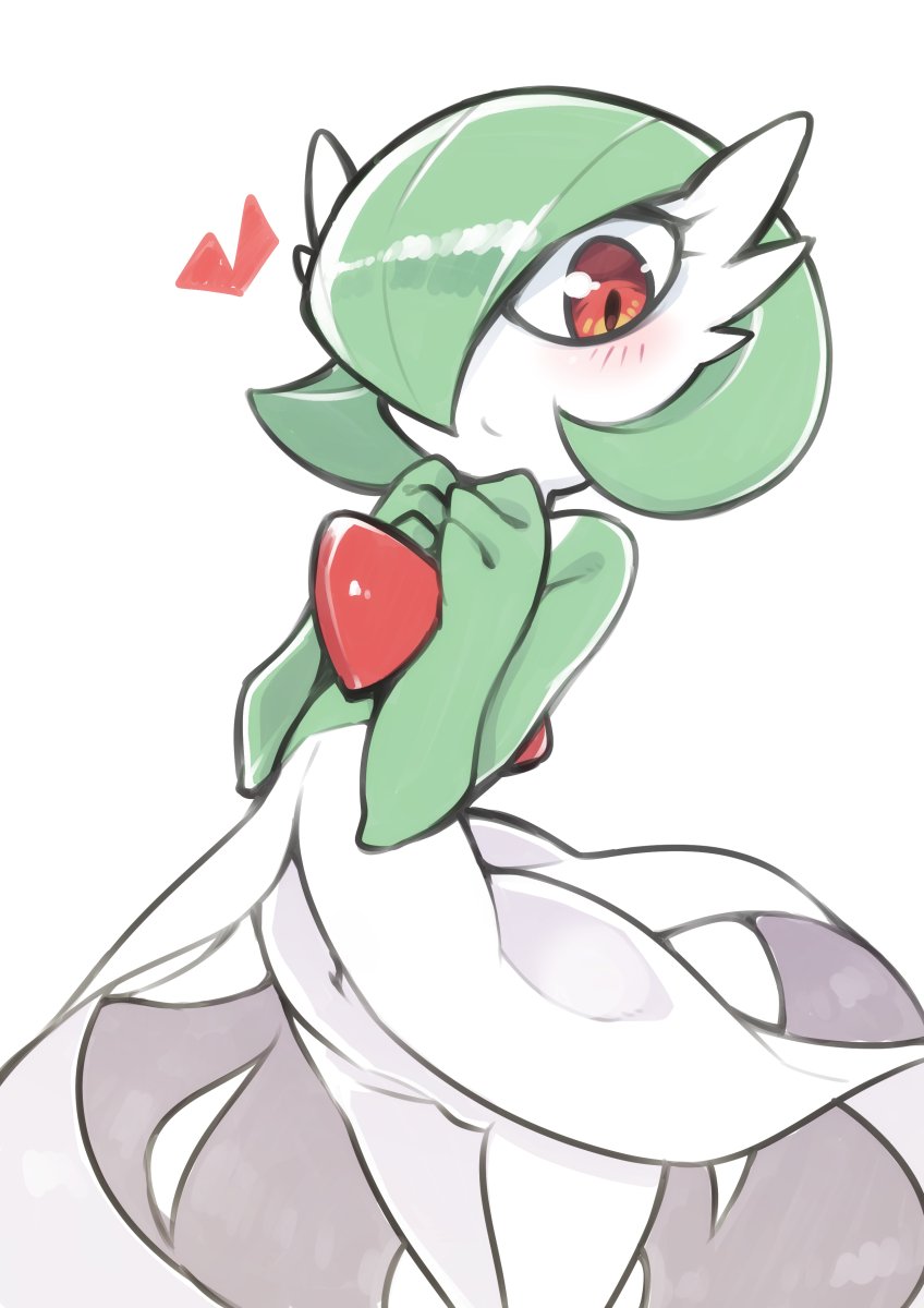 1girl, gardevoir, gen_3_pokemon, green_hair, hair_over_one_eye, hand_to_own_mouth, hands_on_own_chest, heart