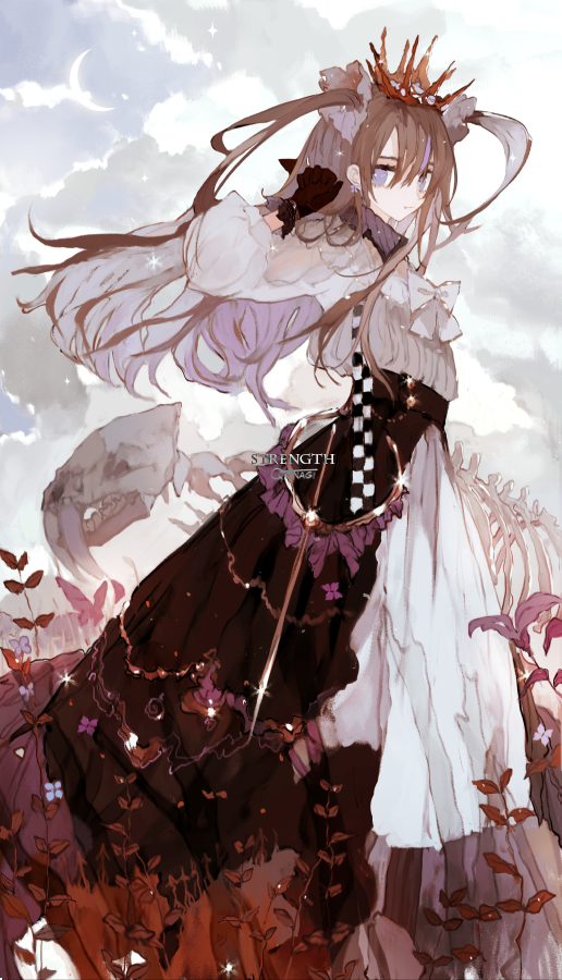 1girl, animal_skull, asahiro, black_gloves, bone, bow, brown_hair, checkered, clouds, cloudy_sky, crescent_moon, crown, dress, fangs, feet_out_of_frame, glint, gloves, hair_ornament, hand_up, long_hair, long_sleeves, moon, original, plant, puffy_sleeves, skeleton, sky, solo, sparkle, strength_(tarot_card), tarot, violet_eyes