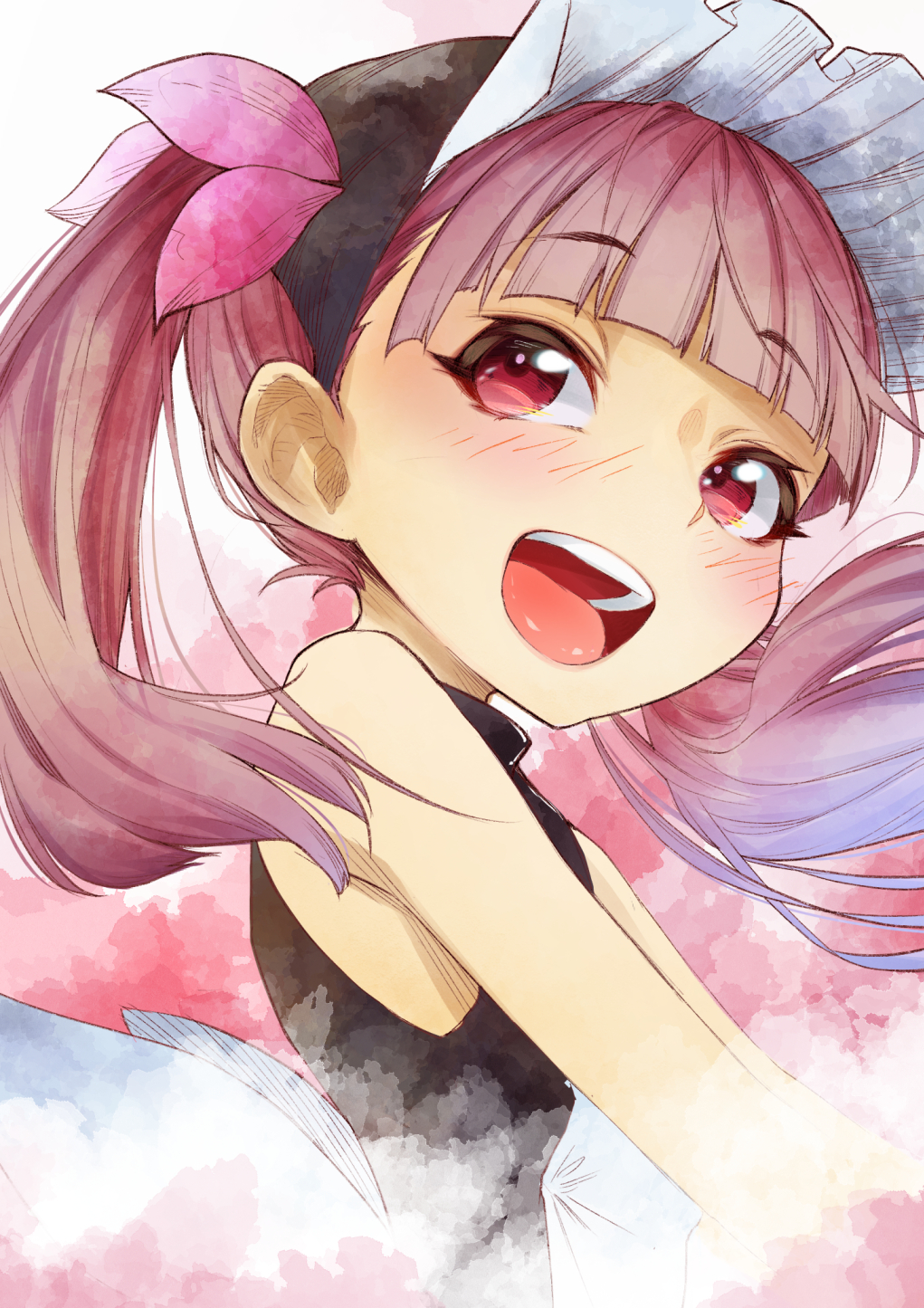 1girl, back_bow, bangs, bare_shoulders, black_shirt, blunt_bangs, blush, bow, child, cluseller, commentary_request, eyebrows_visible_through_hair, flat_chest, from_side, happy, highres, kemurikusa, long_hair, looking_to_the_side, maid_headdress, open_mouth, pink_background, pink_hair, red_eyes, rina_(kemurikusa), shirt, simple_background, sleeveless, sleeveless_shirt, smile, solo, teeth, tied_hair, tongue, twintails, upper_body