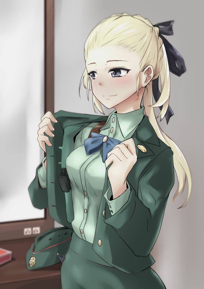 ammo_box, blonde_hair, blush, bow, bowtie, girls_frontline, grey_eyes, hair_bow, hat, hat_removed, headwear_removed, holster, long_hair, military, military_jacket, military_uniform, miniskirt, mirror, ponytail, removing_jacket, serdyukov_(girls_frontline), shin_ichi_(zenshuu_bougyo), shoulder_holster, skirt, solo, uniform, wardrobe