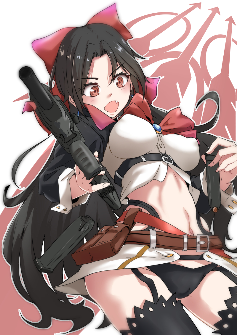 1girl, belt, beretta_cx4, beretta_logo, black_hair, black_panties, bow, bowtie, cx4_storm_(girls_frontline), girls_frontline, gun, holding, holding_gun, holding_weapon, logo, long_hair, magazine_(weapon), midriff, miniskirt, panties, pantyshot, red_eyes, reloading, shin_ichi_(zenshuu_bougyo), side-tie_panties, skirt, solo, thigh-highs, underwear, very_long_hair, weapon