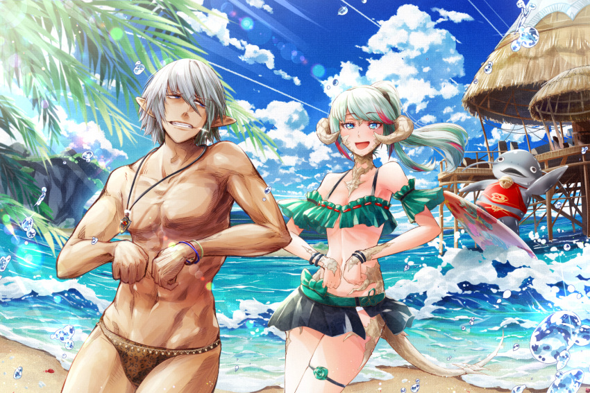 1boy, 1girl, aqua_hair, au_ra, bangle, bangs, bare_shoulders, beach, bell, bikini, bikini_skirt, black_eyes, blue_eyes, blue_sky, blush, bow, bracelet, breasts, brown_swimsuit, clenched_hands, clouds, cluseller, collarbone, commentary_request, cowboy_shot, dark_skin, dark_skinned_male, day, dragon_girl, elezen, elf, eye_contact, eyebrows_visible_through_hair, fangs, final_fantasy, final_fantasy_xiv, flower, green_bikini, green_bow, green_flower, green_rose, grey_hair, grin, hair_tie, half-closed_eyes, happy, haurchefant_greystone, horizon, horns, hut, jaguar_print, jewelry, jingle_bell, lens_flare, light_rays, lizard_tail, long_hair, looking_at_another, looking_back, male_swimwear, multicolored_hair, namazu_(final_fantasy), navel, necklace, ocean, open_mouth, outdoors, pink_hair, pointy_ears, ponytail, rose, sand, scales, short_hair, skindentation, sky, small_breasts, smile, sparkle, standing, stomach, streaked_hair, sunlight, surfboard, swept_bangs, swim_briefs, swimsuit, swimwear, tail, teeth, thatched_roof, thigh_strap, tied_hair, tree, water, waves