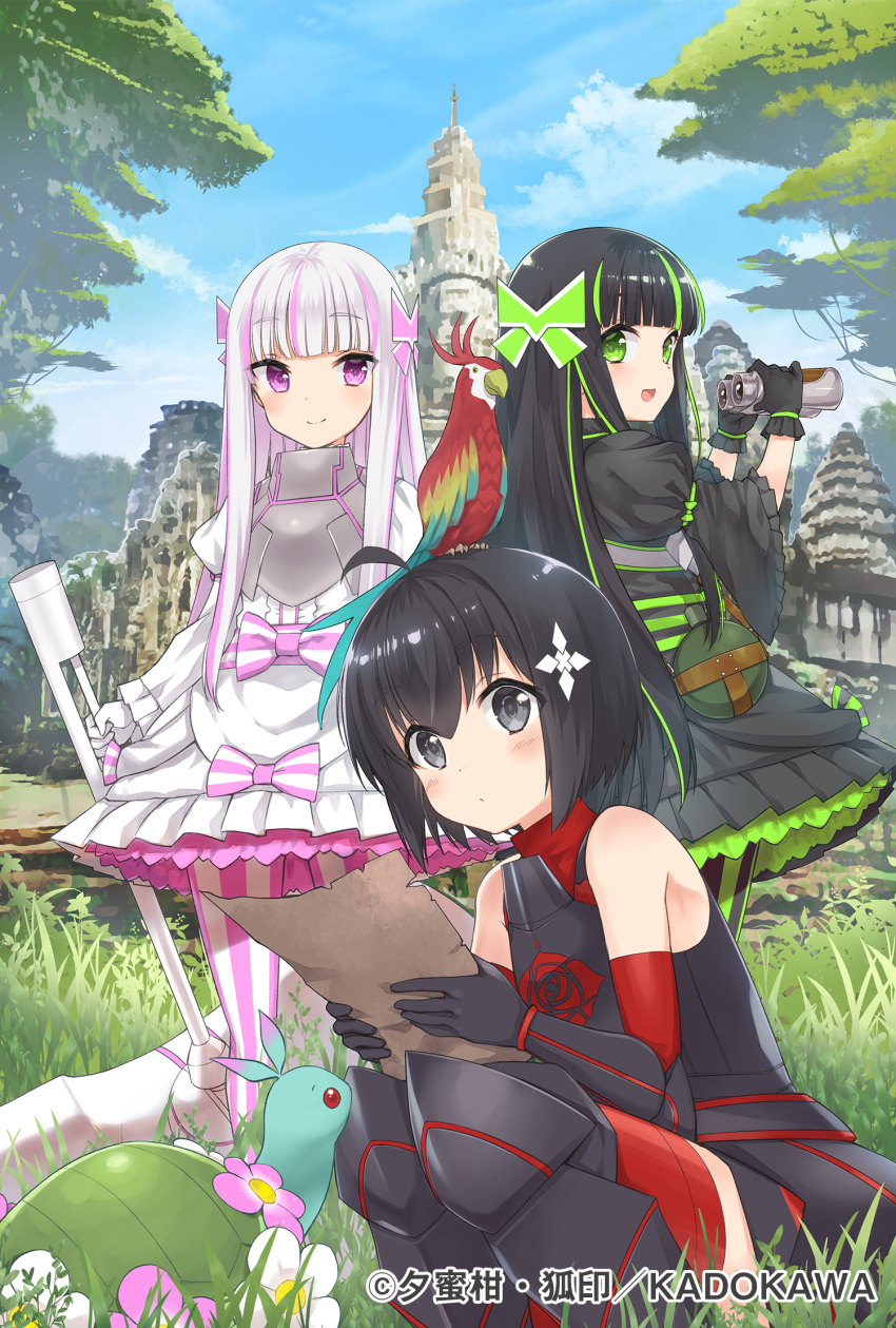 3girls, :d, ahoge, animal_on_head, armor, armored_boots, artist_name, bangs, bare_shoulders, binoculars, bird, bird_on_head, black_armor, black_dress, black_eyes, black_footwear, black_gloves, black_hair, blue_sky, blunt_bangs, blush, bob_cut, boots, bottle, bow, bracer, breastplate, closed_mouth, cover_image, day, detached_sleeves, dot_nose, dress, eyebrows_visible_through_hair, flower, frilled_dress, frilled_sleeves, frills, gloves, gothic_lolita, grass, green_bow, green_eyes, green_hair, hair_ornament, hair_strand, hammer, highres, holding, holding_binoculars, holding_hammer, holding_paper, holding_weapon, huge_weapon, itai_no_wa_iya_nano_de_bougyoryoku_ni_kyokufuri_shitai_to_omoimasu, juliet_sleeves, koin_(foxmark), layered_dress, lolita_fashion, long_hair, long_sleeves, looking_at_viewer, looking_back, maple_(bofuri), may_(bofuri), multicolored_hair, multiple_girls, official_art, on_head, open_mouth, outdoors, paper, pink_bow, pink_hair, puffy_sleeves, red_legwear, shiny, shiny_hair, short_hair, siblings, sisters, sky, smile, squatting, standing, streaked_hair, striped, striped_legwear, syrup_(bofuri), thigh-highs, thigh_boots, thighhighs_under_boots, turtle, turtleneck, twins, two-tone_hair, vertical-striped_legwear, vertical_stripes, very_long_hair, violet_eyes, water_bottle, weapon, white_dress, white_hair, wide_sleeves, yui_(bofuri)