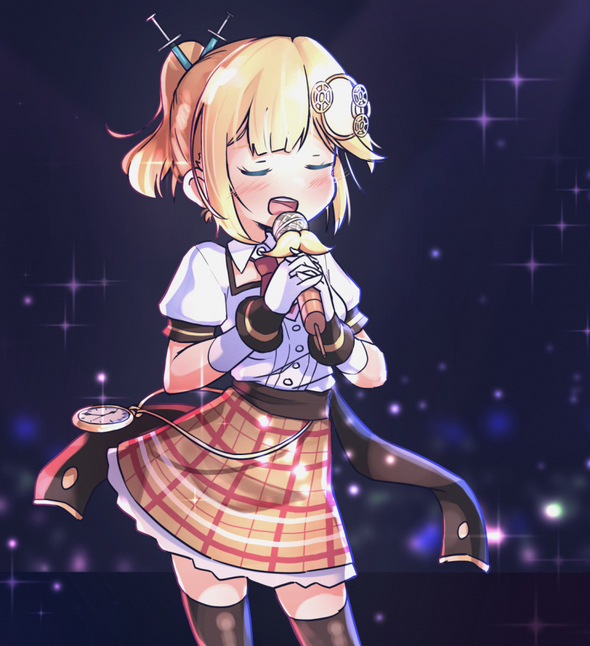 1girl, adapted_costume, alternate_hairstyle, artist_apprentice, blonde_hair, closed_eyes, gloves, hair_ornament