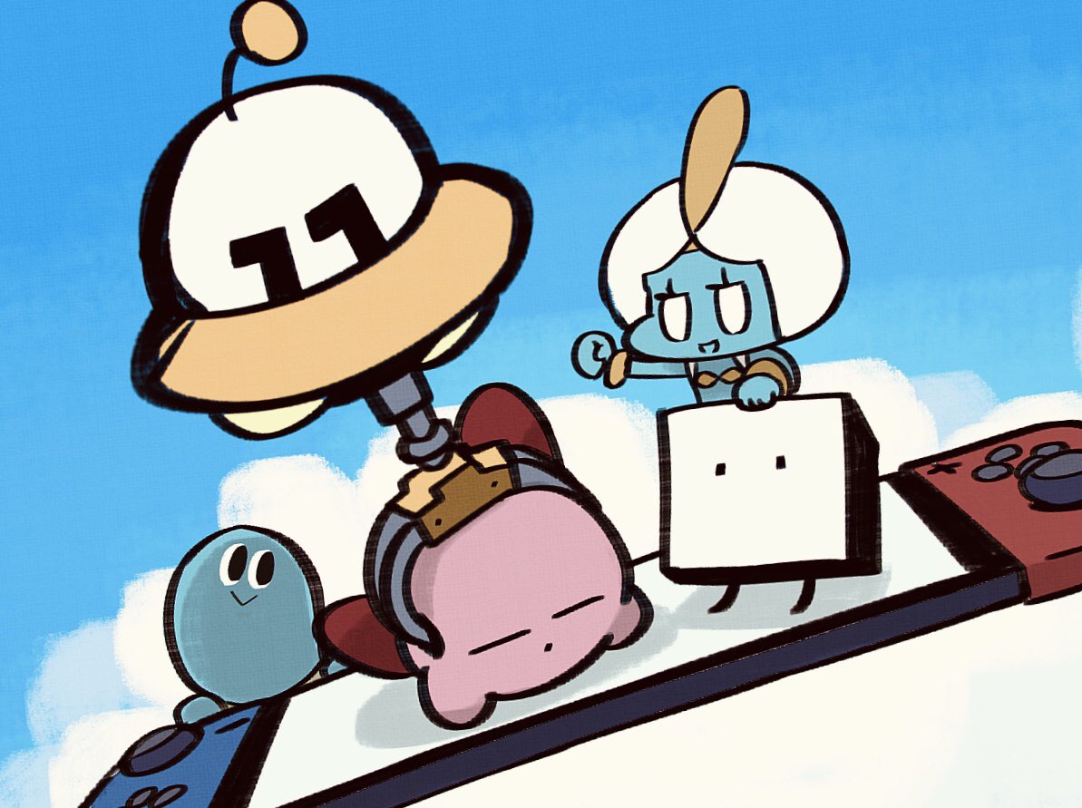 1girl, 2boys, ankh_(hataraku_ufo), arm_up, black_eyes, blue_skin, blue_sky, boxboy!