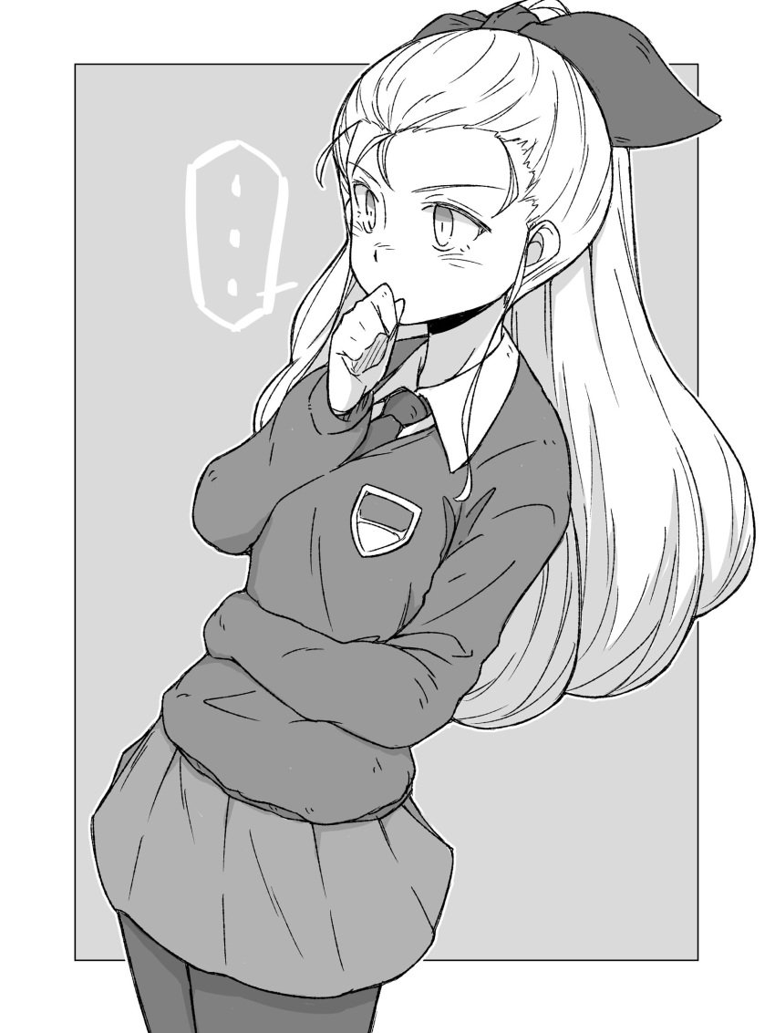 ..., 1girl, absurdres, assam_(girls_und_panzer), border, chin_grab, dress_shirt, dutch_angle, emblem, girls_und_panzer, greyscale, hair_pulled_back, hair_ribbon, highres, long_hair, long_sleeves, looking_to_the_side, miniskirt, monochrome, necktie, outside_border, pantyhose, pleated_skirt, renshiu, ribbon, school_uniform, shirt, skirt, solo, spoken_ellipsis, st._gloriana's_school_uniform, standing, sweater, v-neck, wing_collar