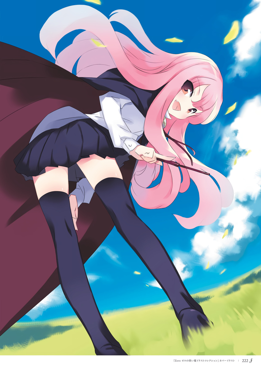1girl, :d, bent_over, blue_cape, blue_legwear, blue_skirt, bolo_tie, cape