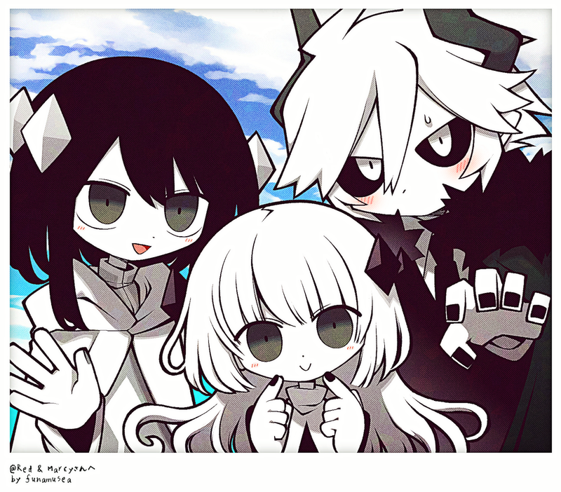 1boy, 1girl, 1other, :d, androgynous, artist_name, black_hair, black_nails