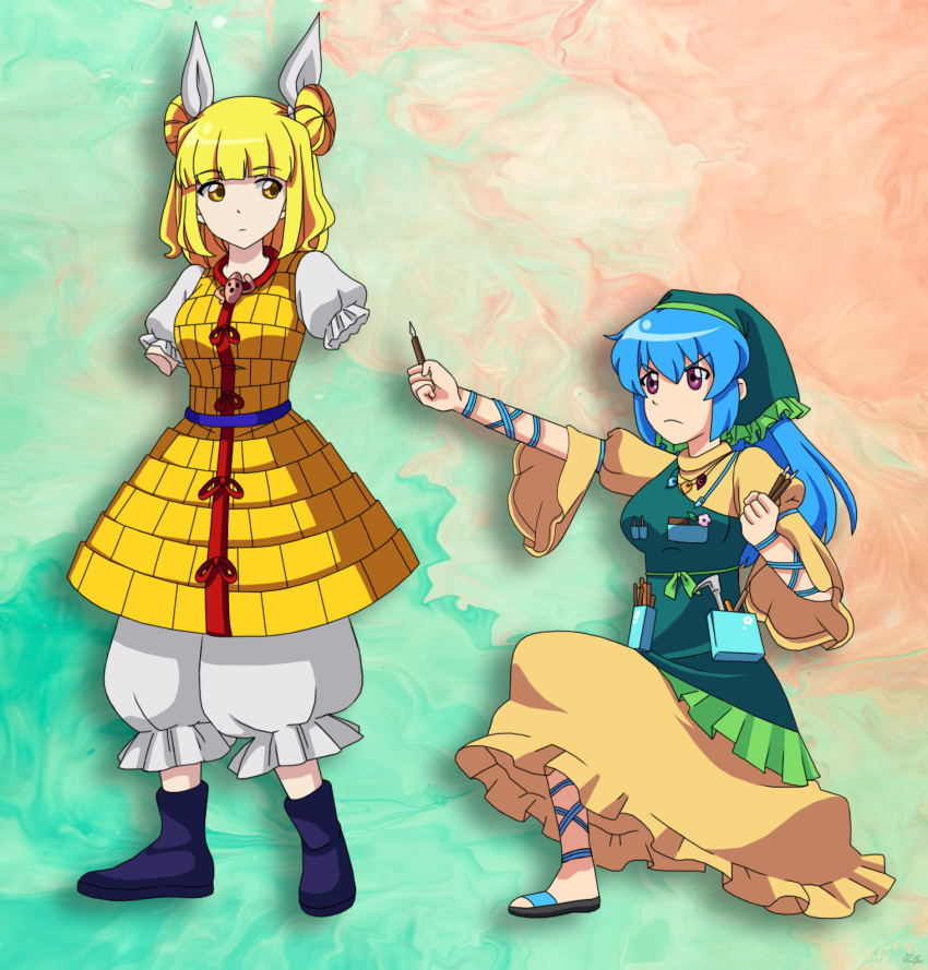 >:(, apron, armor, blonde_hair, bloomers, blue_footwear, boots, breasts
