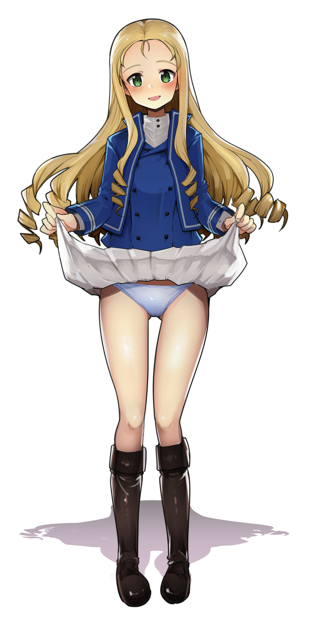 1girl, bc_freedom_military_uniform, black_footwear, blonde_hair, blue_jacket, blue_panties, blue_vest, blush